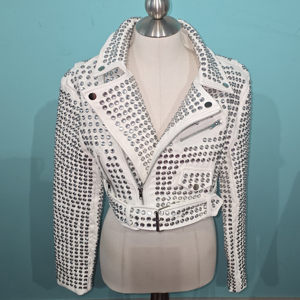 AZALEA WANG GAZETTE-NEW WHITE STUDDED MOTO JACKET NWT Size Large